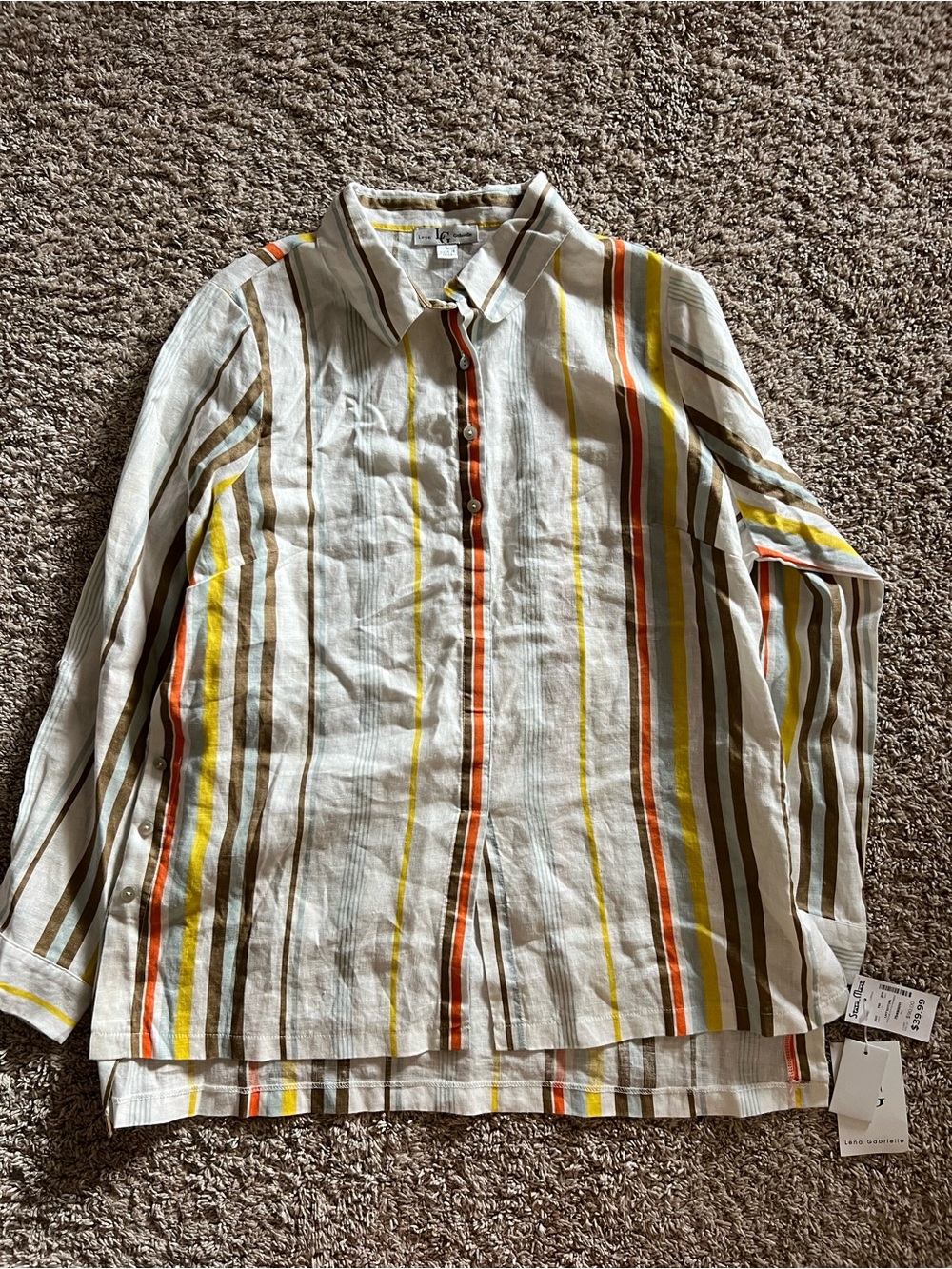 Lightweight Striped Button-Front Blouse in Ivory with Yellow & Orange Stripes